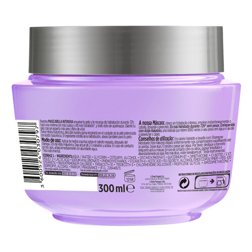 ELVIVE Mascarilla capilar hidratante hasta 72 horas con ácido Hialurónico, para cabello deshidratado ELVIVE Hidra hialurónico 300 ml.