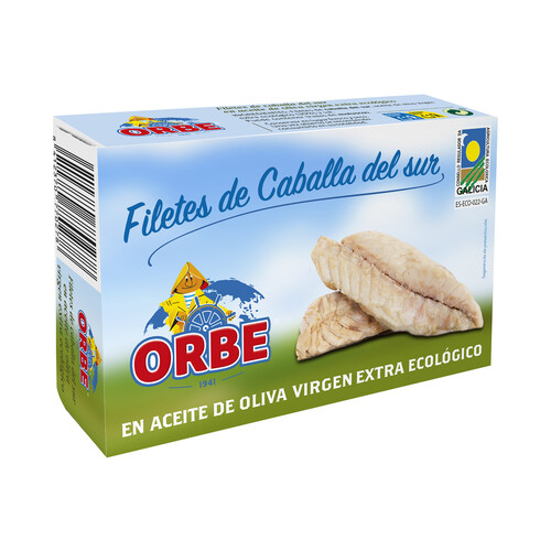 Alcampo ORBE Filetes de caballa en aceite de oliva virgen extra ecológico bajo en sal ORBE 87 g