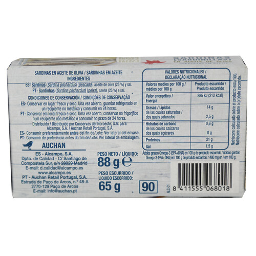 PRODUCTO ALCAMPO Sardinillas en aceite de oliva PRODUCTO ALCAMPO lata 65 g.