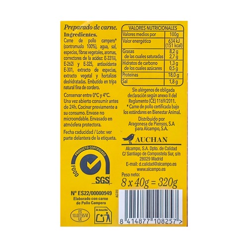 ALCAMPO CULTIVAMOS LO BUENO Salchichas de pollo campero 320 g.