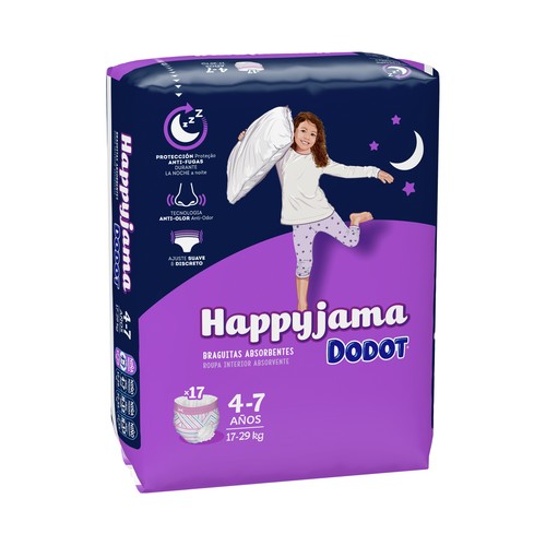 DODOT Pañales de noche talla 7 (braguitas absorventes), para niñas de 17 a 29 kilogramos y de 4 a 7 años DODOT Happyjama 17 uds.