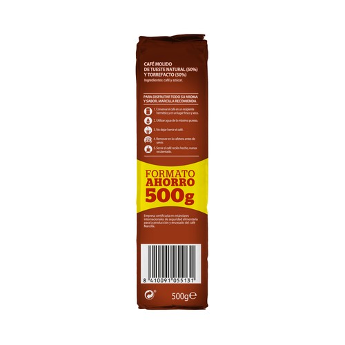 MARCILLA Gran aroma Café molido mezcla, tueste natural (50%) y torrefacto (50%) 500 g.