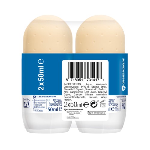 SANEX Dermo+ sensitive Desodorante roll-on para mujer antitranspirante 72 horas, especial pieles sensibles 2 x 50 ml.