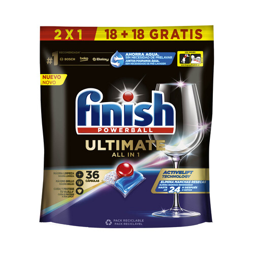 FINISH Detergente lavavajillas a máquina FINISH Ultimate 18 + 18 cápsulas gratis, 465 g.