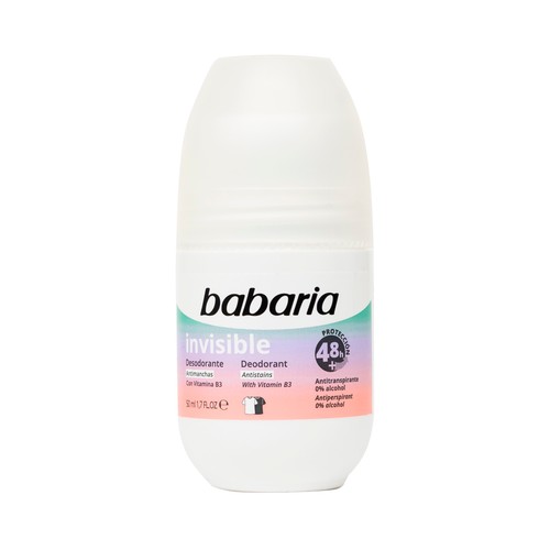 BABARIA Invisible Desodorante roll on para mujer con acción antimanchas y antitranspirante hasta 48 horas 50 ml.