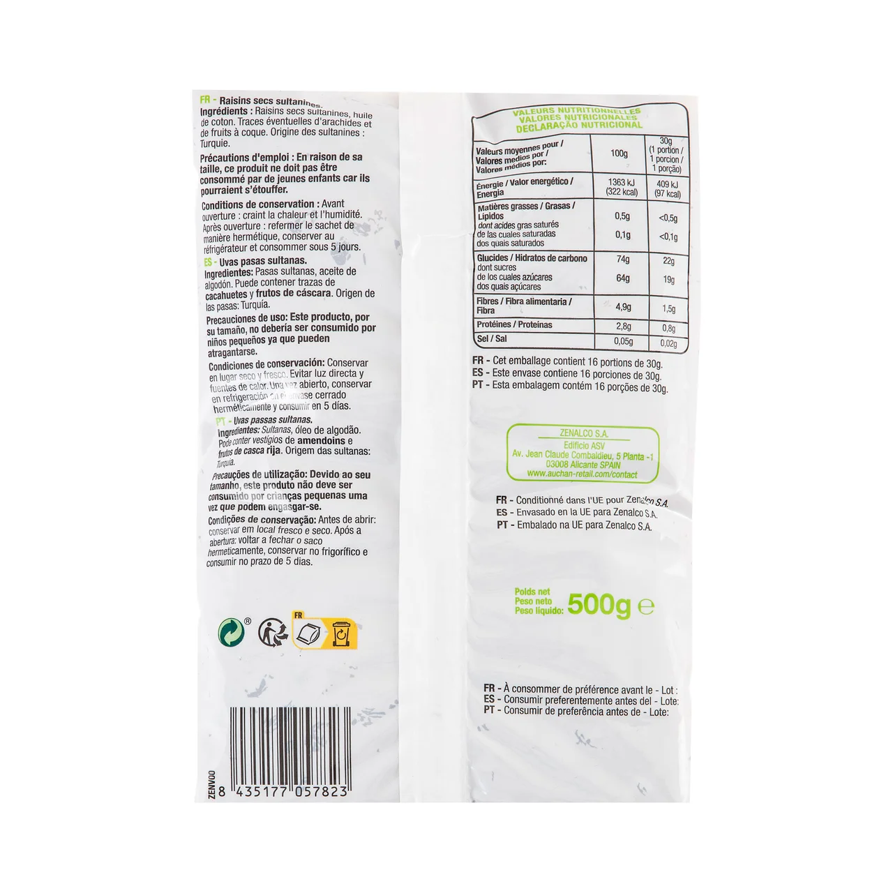 PRODUCTO ECONÓMICO ALCAMPO Pasa sultanas bolsa de 500 g.