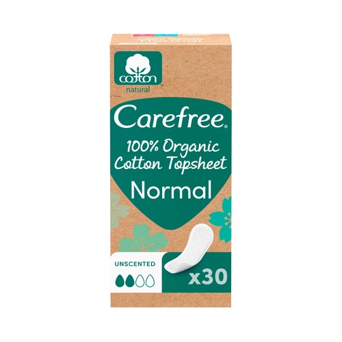 CAREFREE Cotton natural Protegeslip (salvaslips) normal, de algodón orgánico, hipoalergénicos y transpirables 30 uds.