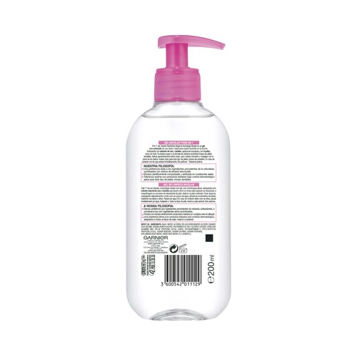 GARNIER Gel micelar desmaquillante y limpiador, para todo tipo de pieles GARNIER Skin active 200 ml.