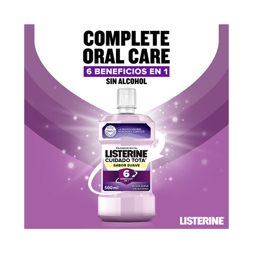 LISTERINE Enjuague bucal de uso diario y sabor menta suave LISTERINE Cuidado total 500 ml.
