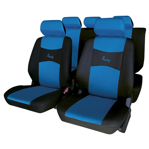 Juego de fundas para asientos de automóvil, modelo Imola, de talla única y fabricadas en poliester de color negro con respaldos y reposacabezas en azul ERMA.