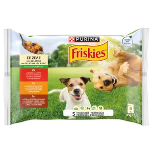 FRISKIES Alimento de perro húmedo en bolsa de gelatina pollo, cordero, buey 4x85g