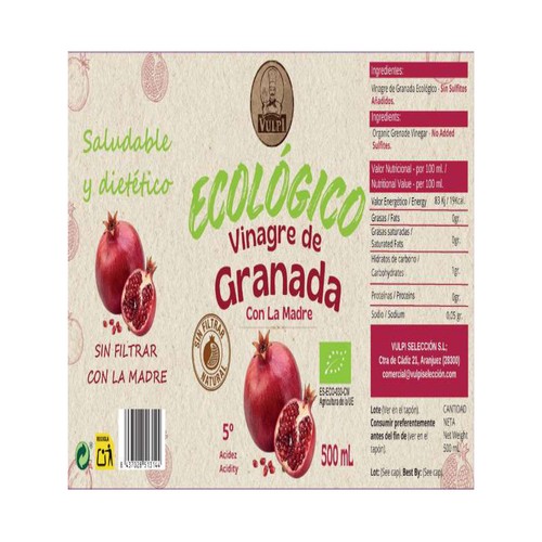 VULPI Vinagre ecológico de granada sin filtar con la madre 500 ml.