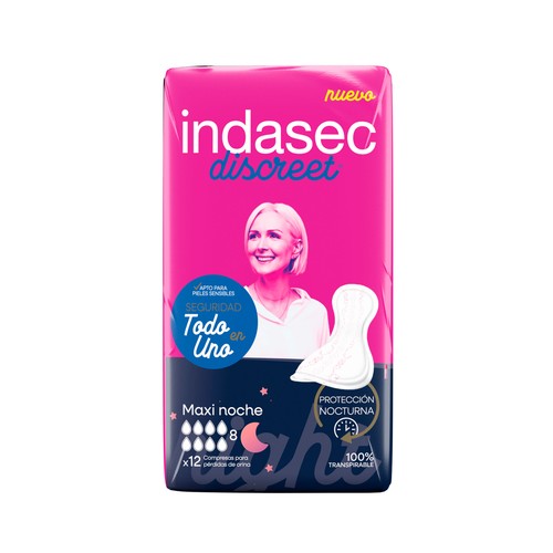 INDASEC Discreet Compresas maxi noche incontinencia, para pérdidas de orina moderadas a severas 12 uds.
