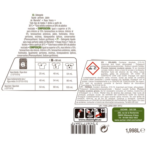 PRODUCTO ALCAMPO Detergente líquido Jabón de Marsella 37 lav. 1,998 l.