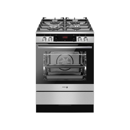 Cocina independiente a gas butano FAGOR 3CLG-610BX inox, 4 fuegos, horno eléctrico 77L, H: 85cm, A: 60cm, F: 60cm.