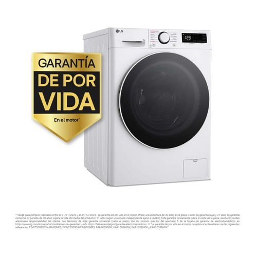 Lavadora LG F2WR5S09A0W 9KG, clasificación energética: A, 1200RPM,H: 85cm, A: 60cm, F: 47,5cm.