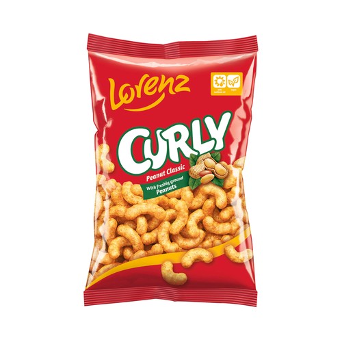 LORENZ Curly Snack maiz y cacahuete con forma de gusanito 150 g.