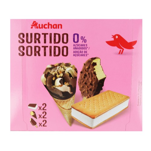 AUCHAN Helado de 3 tipos diferentes, todos ellos sin azucares añadidos 6 uds. Producto Alcampo.