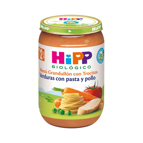 HIPP Biológico Tarrito (con trocitos) de verduras ecológicas, con pasta y pollo, partir de 12 meses 220 g.
