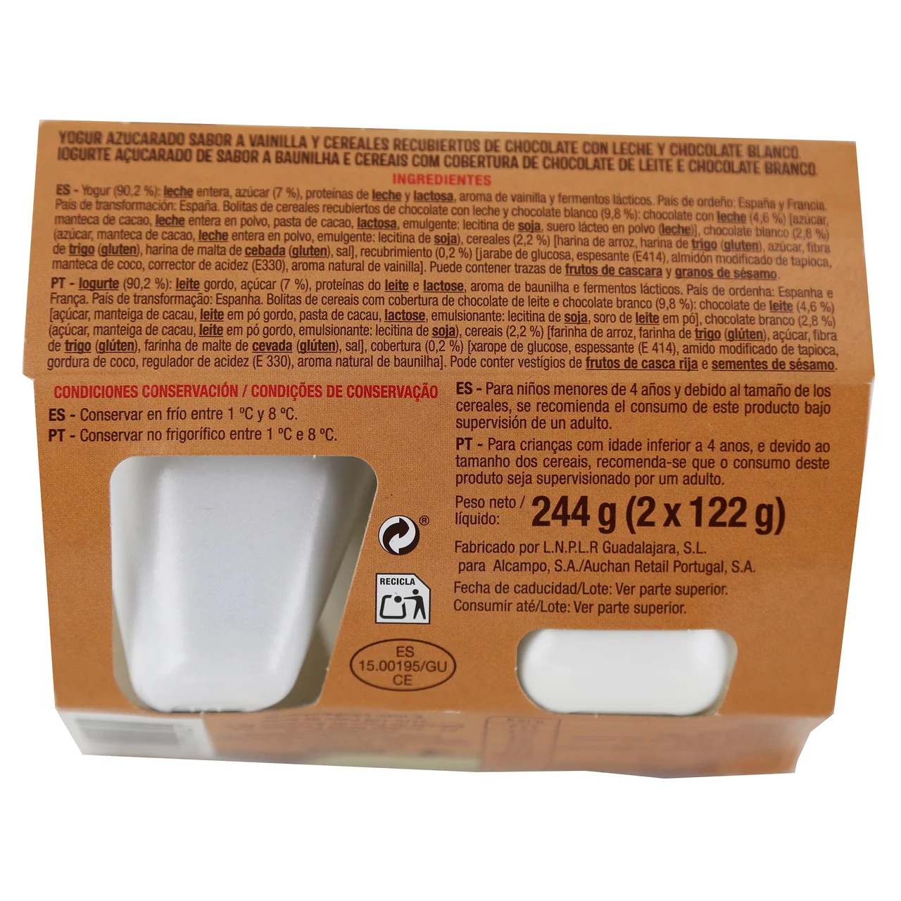 AUCHAN Yogur de vainilla con bolitas de chocolate negro, con leche y blanco 2 x 122 g. Producto Alcampo