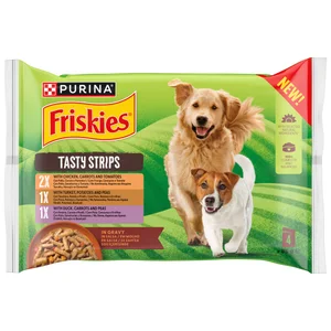 FRISKIES Snack húmedo para perro - Tiras sabor pollo, pavo y pato 112x85g.