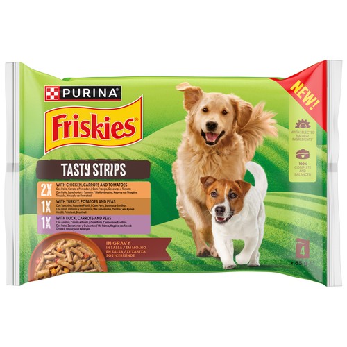 FRISKIES Snack húmedo para perro - Tiras sabor pollo, pavo y pato 112x85g.