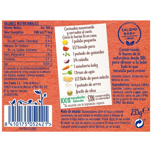 HERO BabyTarrito de verduritas con delicias de pavo, a partir de 6 meses 235 g.