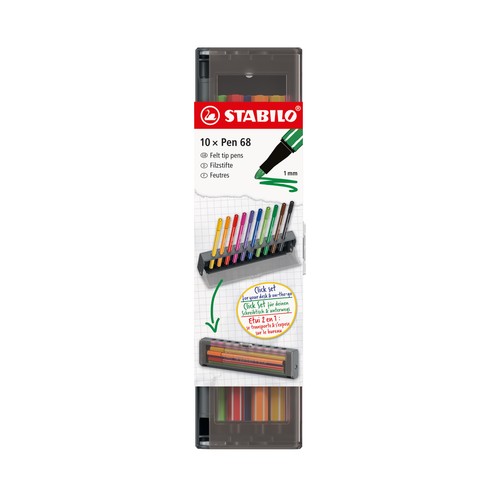 Estuche 10 rotuladores para escribir 1mm Pen 68 estuche click. STABILO