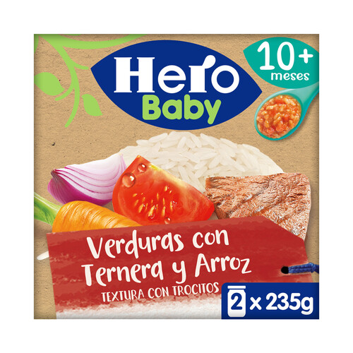 HERO Baby Tarritos de verduras con ternera y arroz (textura con trocitos), a partir de 10 meses 2 x 235 g.