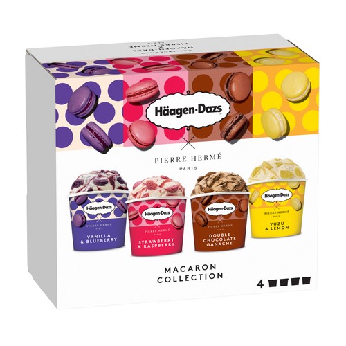 HÄAGEN-DAZS Pierre hermé Mini tarrinas de helado de diferentes sabores con trocitos de macarons 4 x 95 ml.