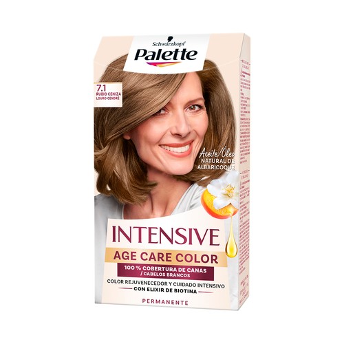 PALETTE Tinte de pelo permanente tono 7.1 Rubio ceniza PALETTE Intensive age care color de Schwarzkopf.