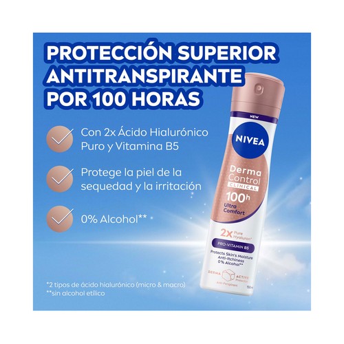 NIVEA Derma control clinical Desodorante en spray para mujer, antitranspirante hasta 100 horas 150 ml.