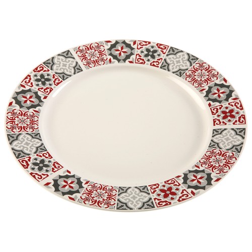 Plato llano redondo de porcelana modelo Hidra con ala decorada, 27cm., VERSA.