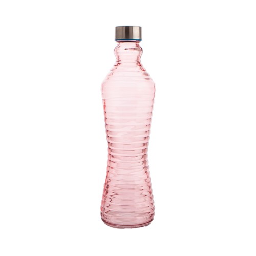 Botella de cristal color rosa con líneas en relieve, tapa metálica de rosca, 1 litro, Line QUID.