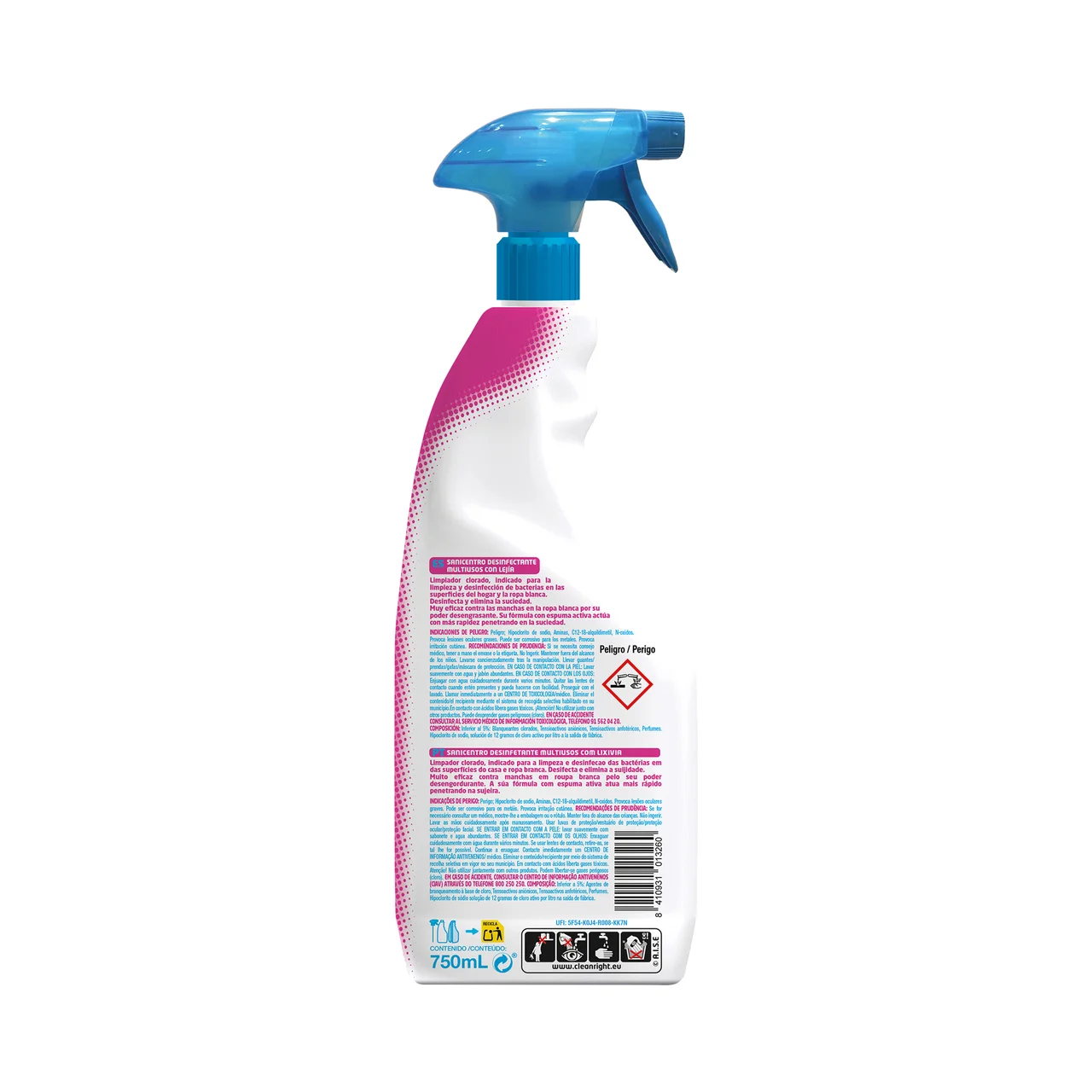 Limpiador desinfectante multiusos con lejía y espuma activa 750 ml.