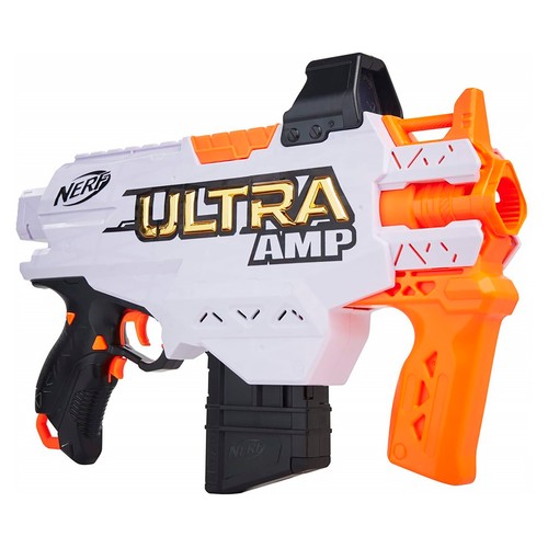 Pistola lanzadardos Ultra AMP motorizada, incluye 6 dardos de foam, alcanza hasta 36m. NERF.