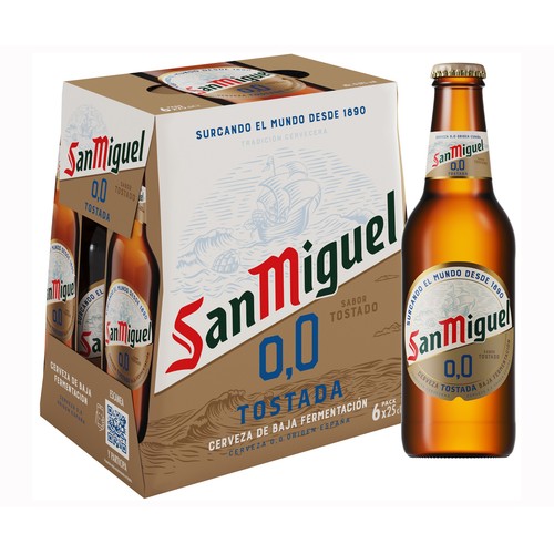 SAN MIGUEL Cerveza 0.0 % tostado pack 6 botellas 25 cl.