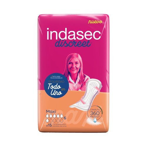 INDASEC Discreet Compresas incontinencia maxi para pérdidas de orina moderadas a severas 15 uds.