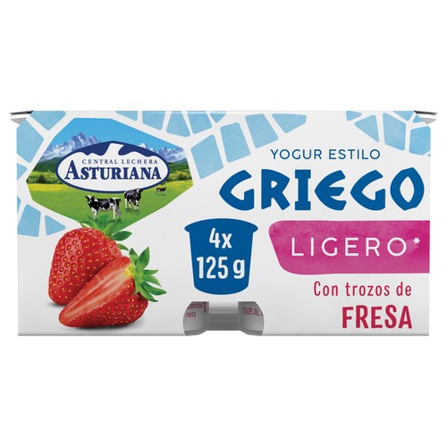 CENTRAL LECHERA ASTURIANA Yogur estilo griego ligero con trozos de fresa 4 x 125 g.