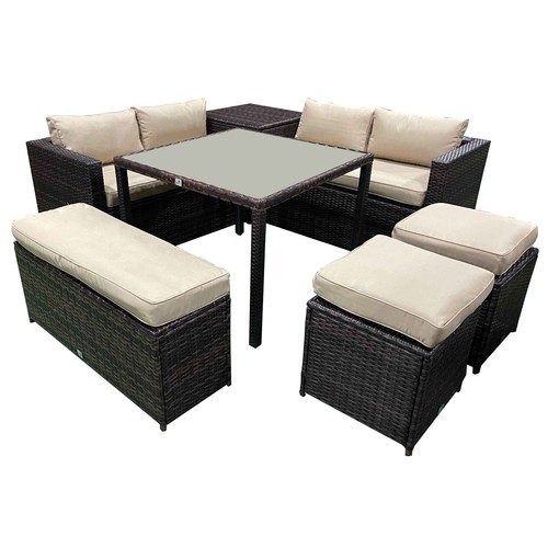 Conjunto de jardín de 7 piezas, 2 sofás, 2 taburetes, banco, mesa y mesa alta, KACTUS REPUBLIK.