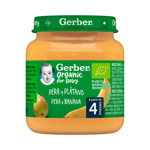 GERBER Tarrito de puré de pera y plátano ecológicos, a partir de 4 meses GERBER Organic 125 g.