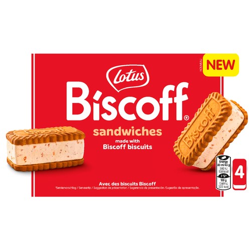BISCOFF Sandwich de galleta caramelizada con helado de galleta y trocitos de galleta caramelizada 4 x 80 ml.
