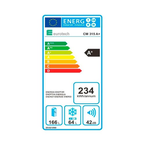 Frigorífico combi EUROTECH CM-315 Cíclico, A+, H: 170cm, A: 55cm, F: 55cm, capacidad total: 230L.