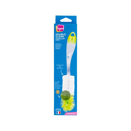 Cepillo limpiabiberón 2 en 1 con fibras dobles, TIGEX.