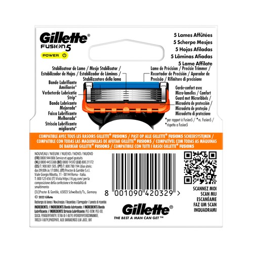 GILLETTE Recambio de cuchillas de 5 hojas para maquinillas de afeitar GILLETTE Fusión 5 power 4 uds.