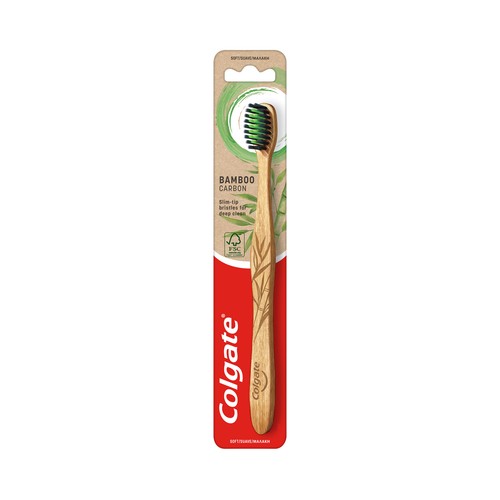 COLGATE Cepillo de dientes con mango de bambú y filamentos suaves de punta delgada impregnadas de carbón.
