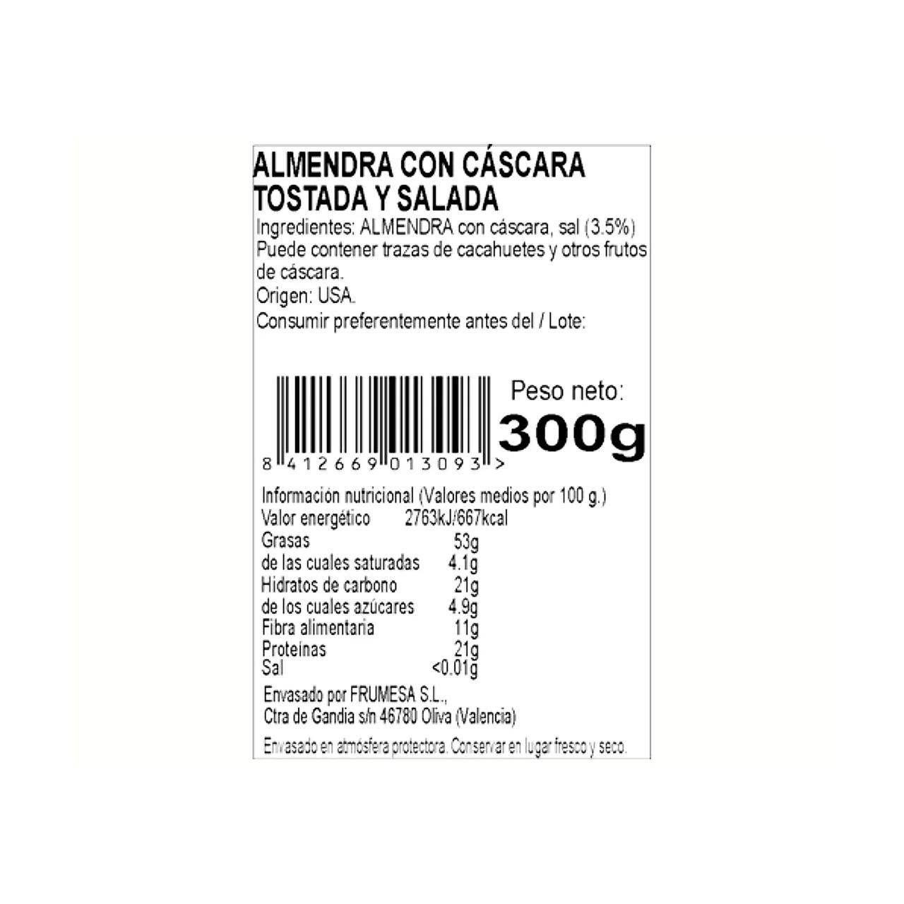 Almendra con cáscara tostada y salada 300 g.