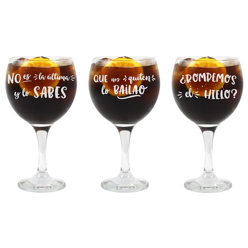Copa ancha con 0,64 litros de capacidad y frases impresas, especial para combinados, COPA.