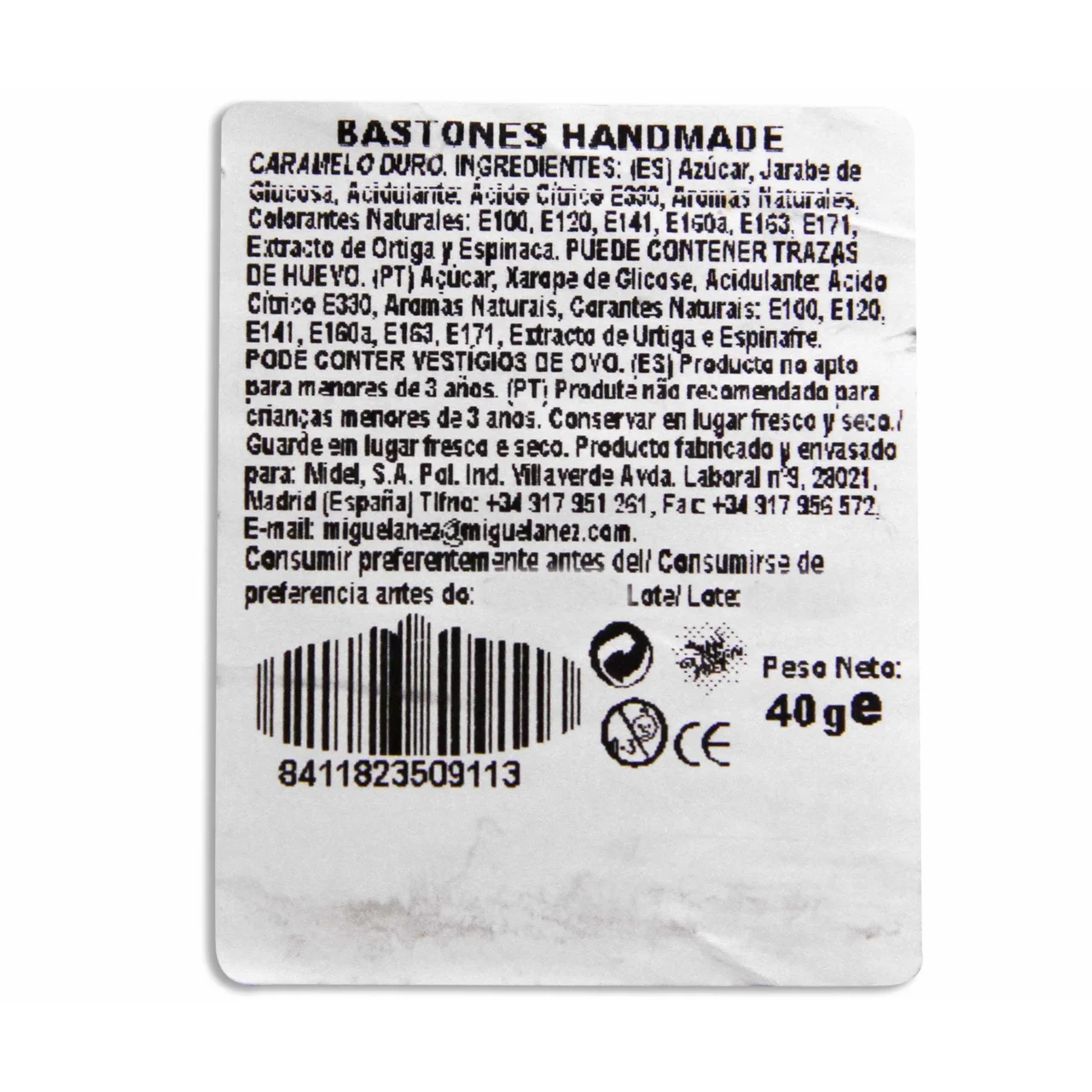 Caramelo bastón artesano de sabor Tutti Fruti 40 g.