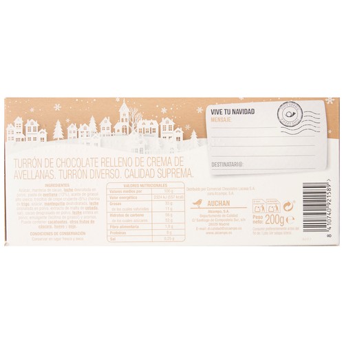 PRODUCTO ALCAMPO Turrón de chocolate relleno de crema de avellana 200 g.